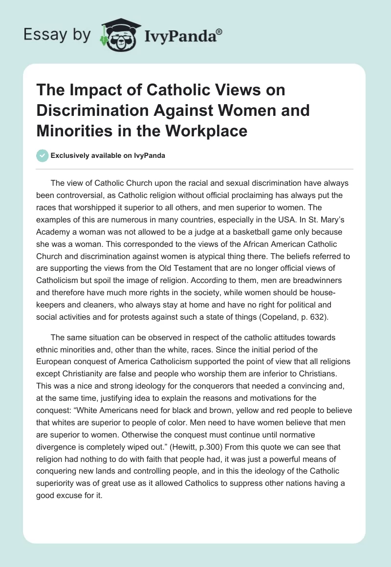 The Impact of Catholic Views on Discrimination Against Women and Minorities in the Workplace. Page 1