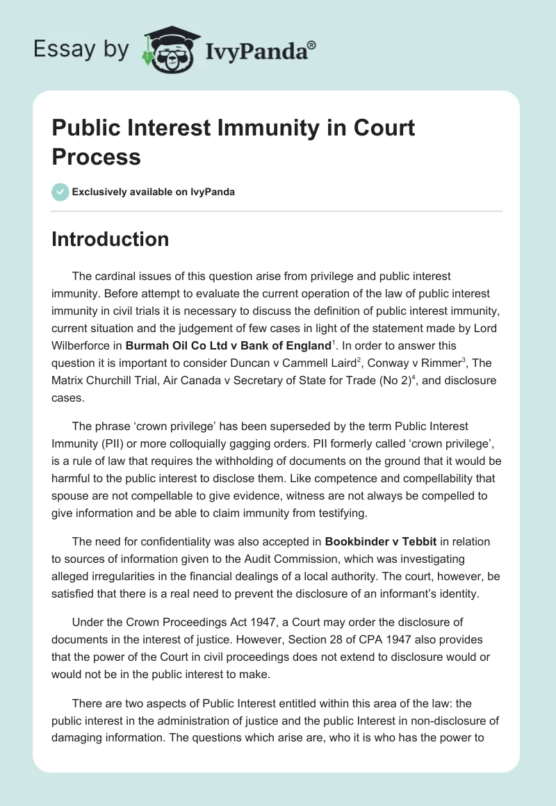 Public Interest Immunity in Court Process. Page 1