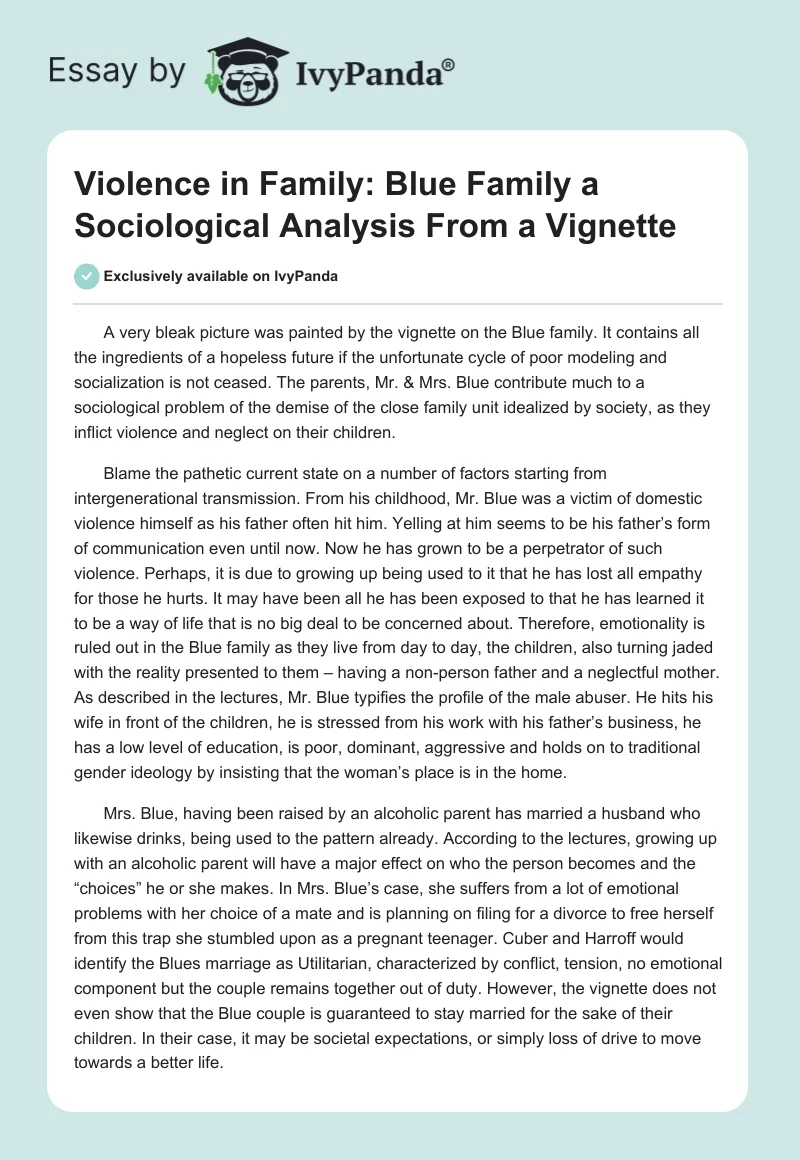 Violence in Family: Blue Family a Sociological Analysis From a Vignette. Page 1