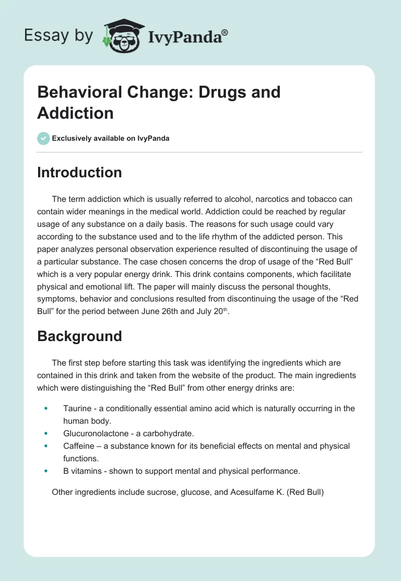 Behavioral Change: Drugs and Addiction. Page 1