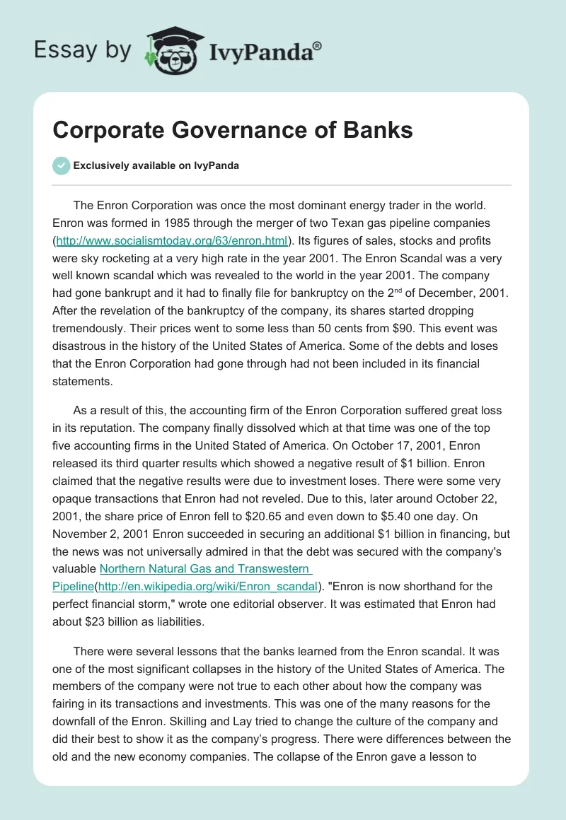 Corporate Governance of Banks. Page 1