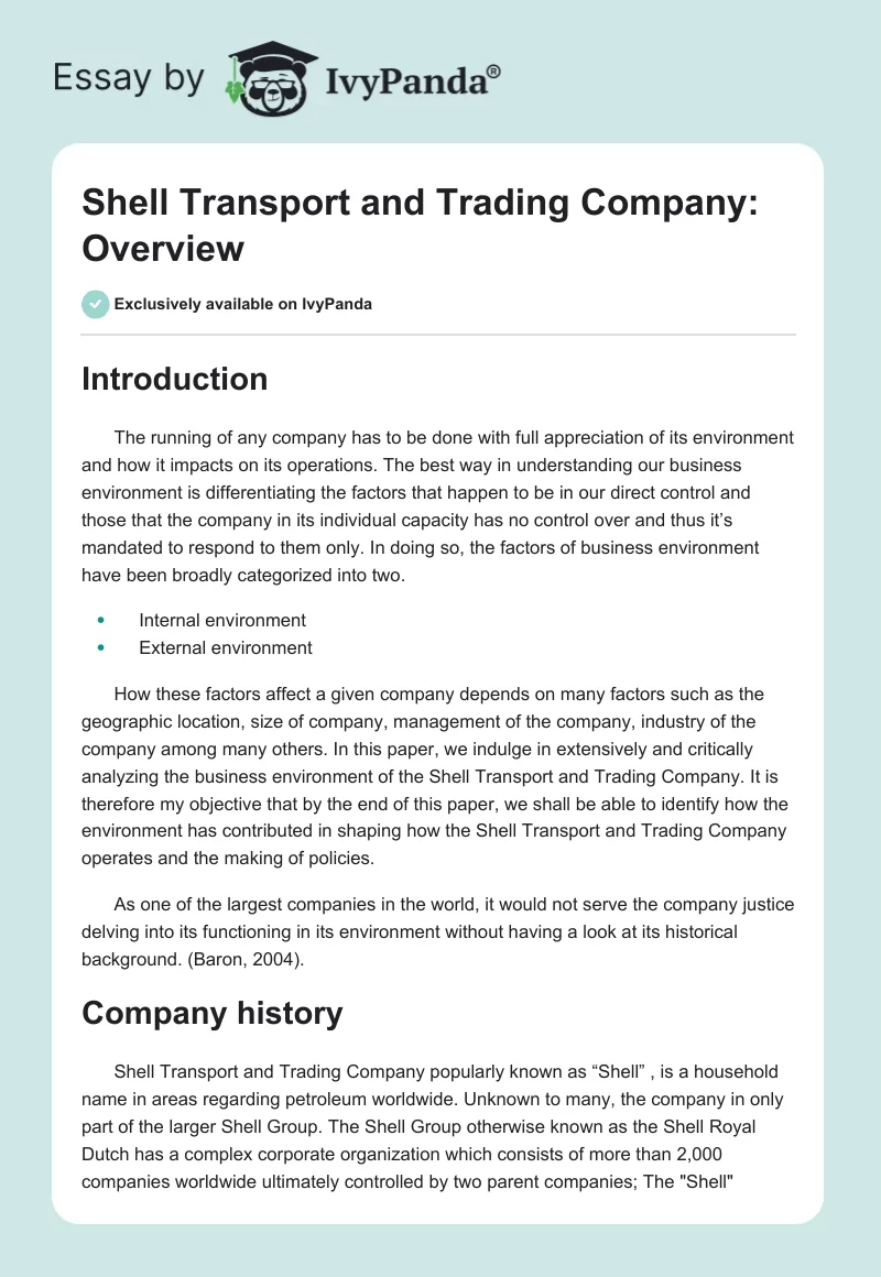 Shell Transport and Trading Company: Overview. Page 1