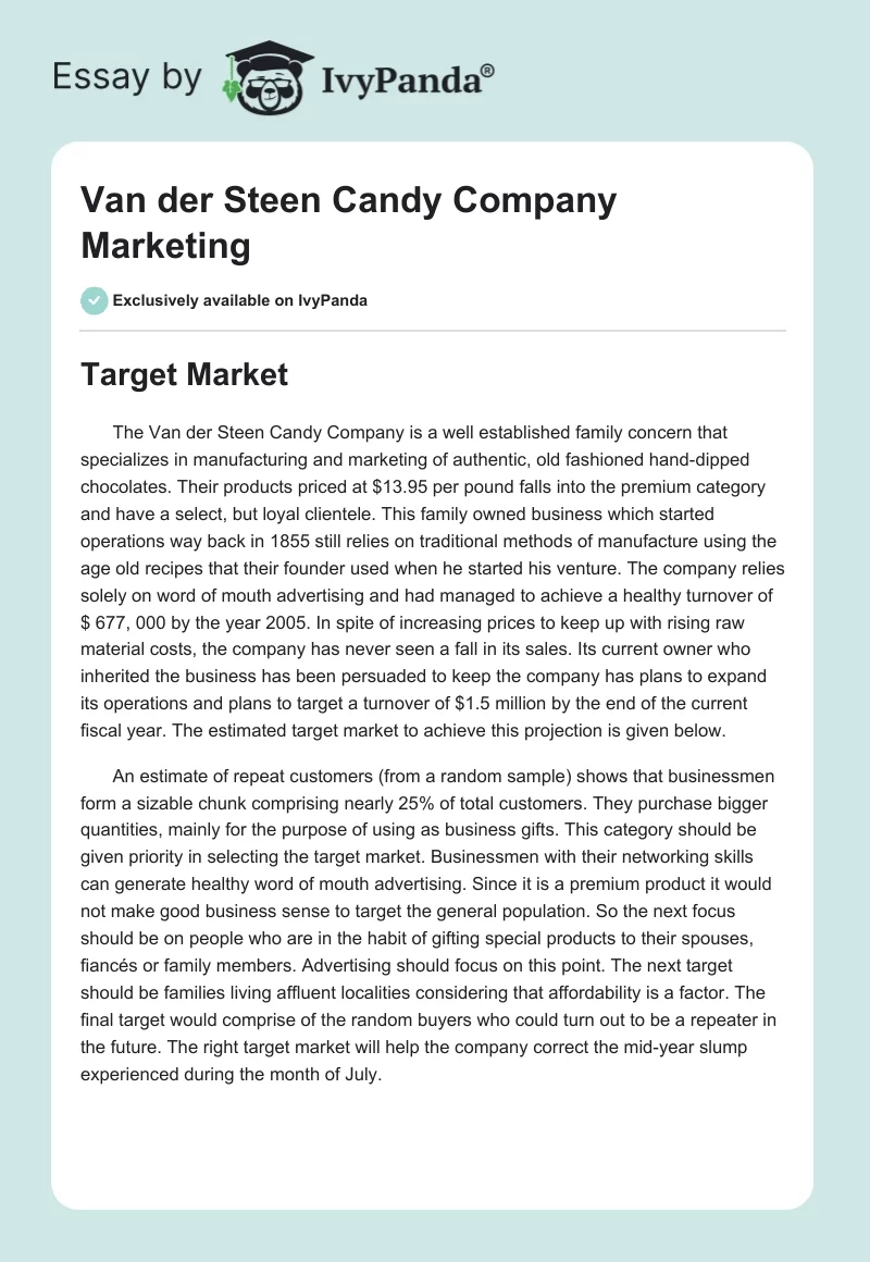 Van der Steen Candy Company Marketing. Page 1