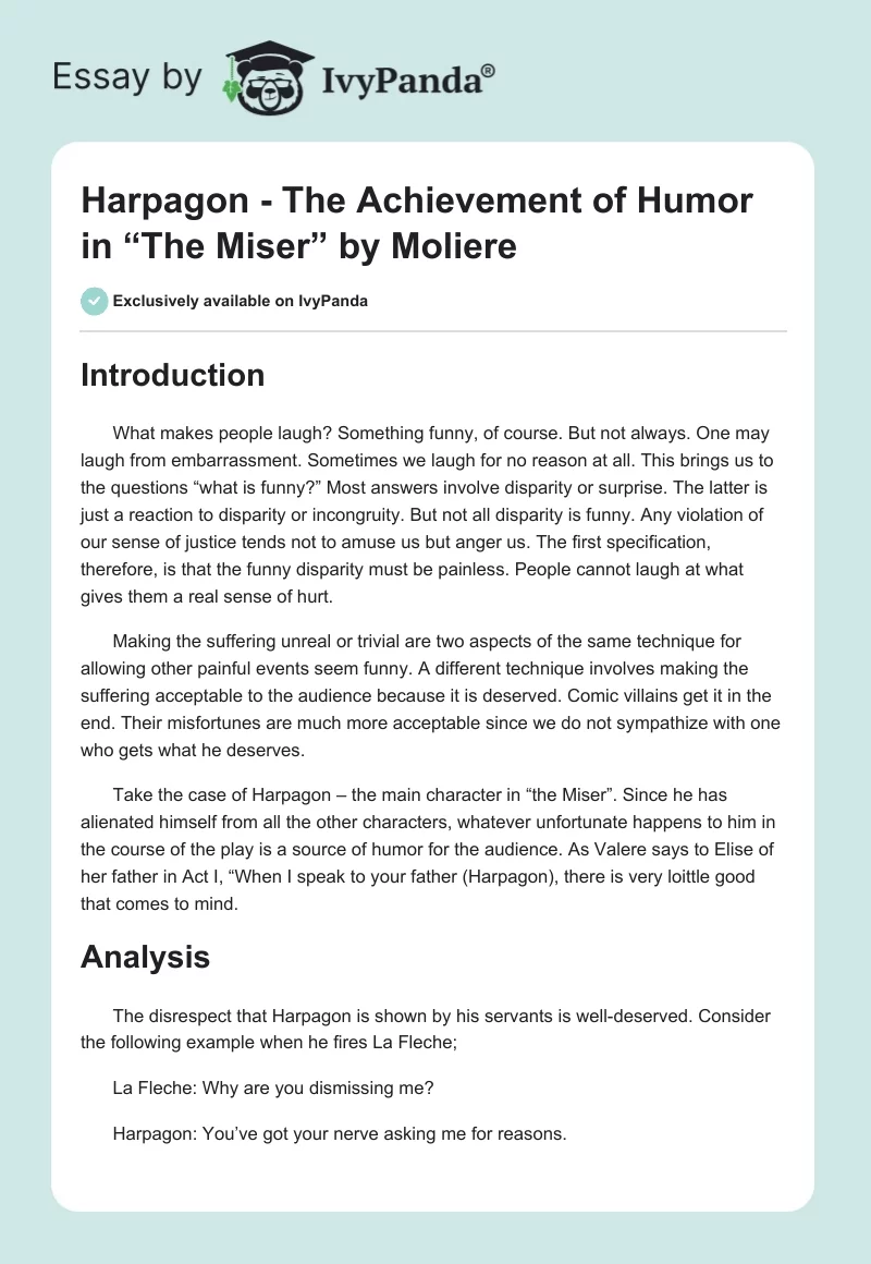 Harpagon - The Achievement of Humor in “The Miser” by Moliere. Page 1