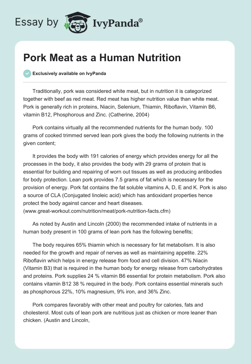 Pork Meat as a Human Nutrition. Page 1
