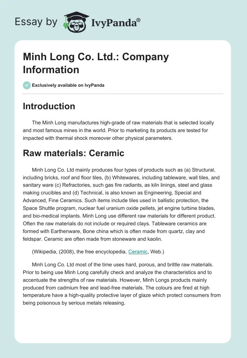 Minh Long Co. Ltd.: Company Information. Page 1