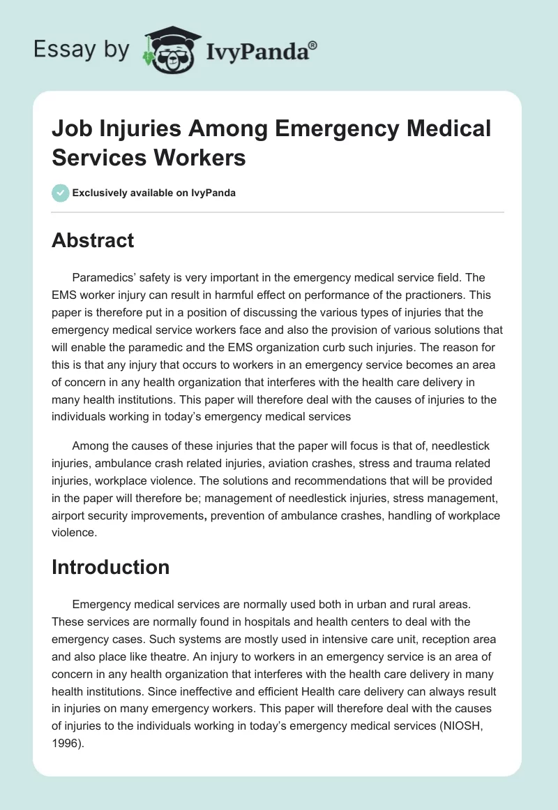Job Injuries Among Emergency Medical Services Workers. Page 1