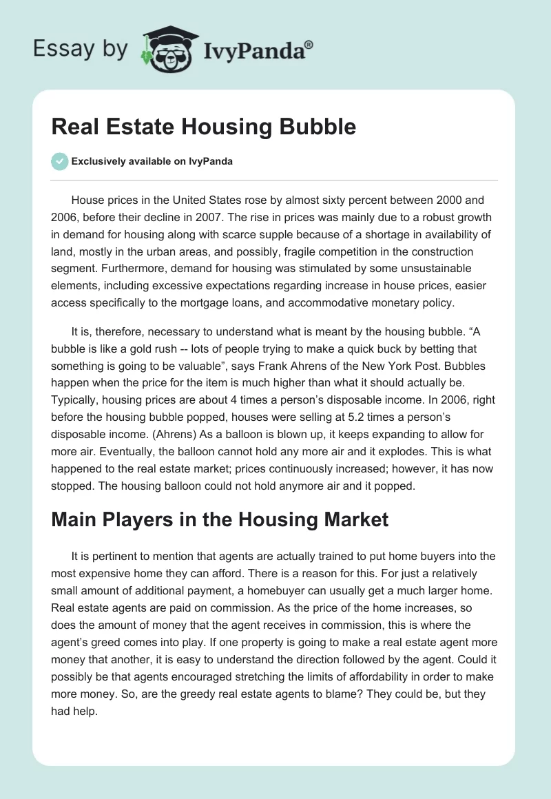 Real Estate Housing Bubble. Page 1