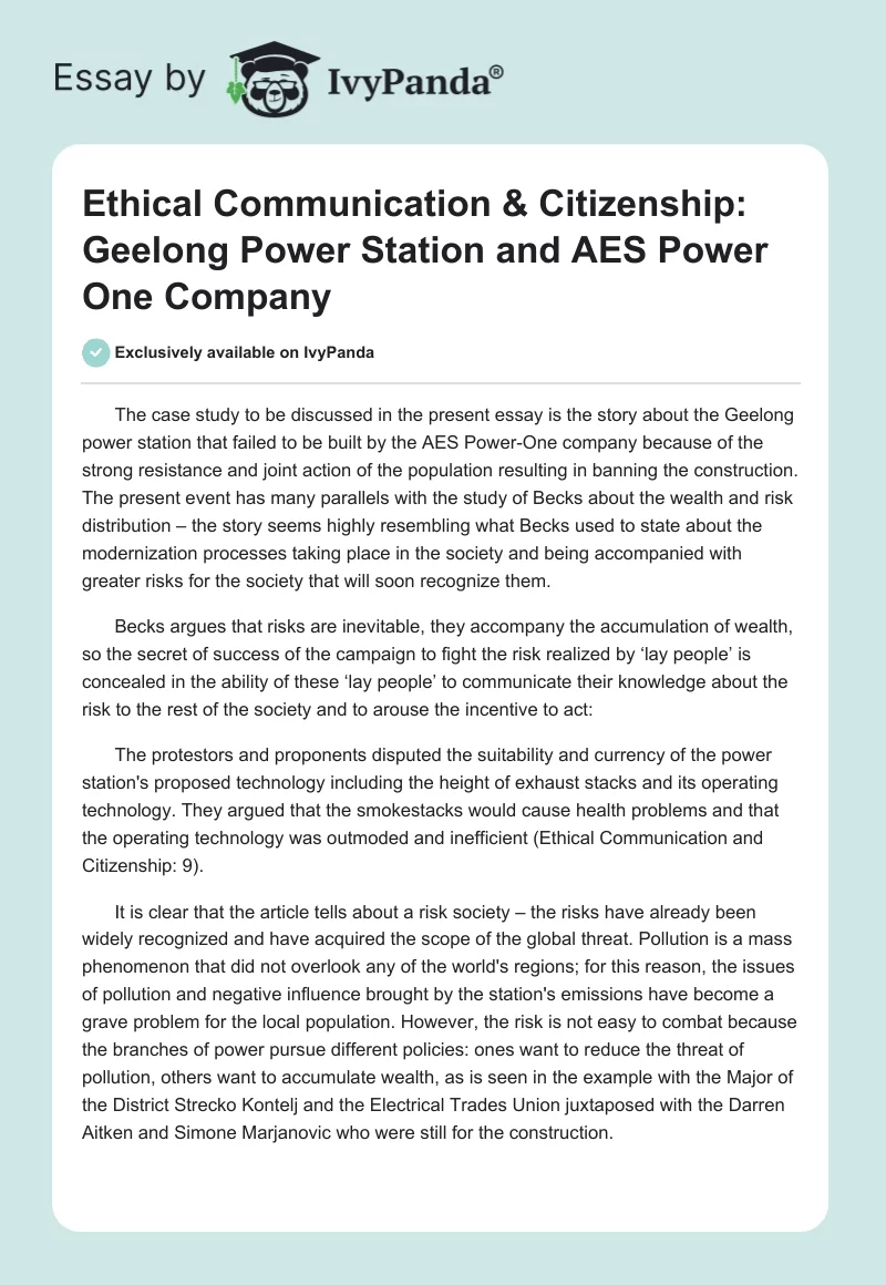 Ethical Communication & Citizenship: Geelong Power Station and AES Power One Company. Page 1