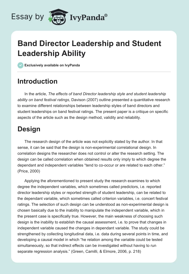 Band Director Leadership and Student Leadership Ability. Page 1