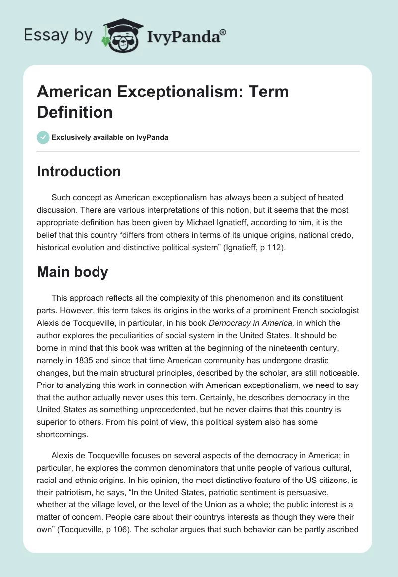 American Exceptionalism: Term Definition. Page 1