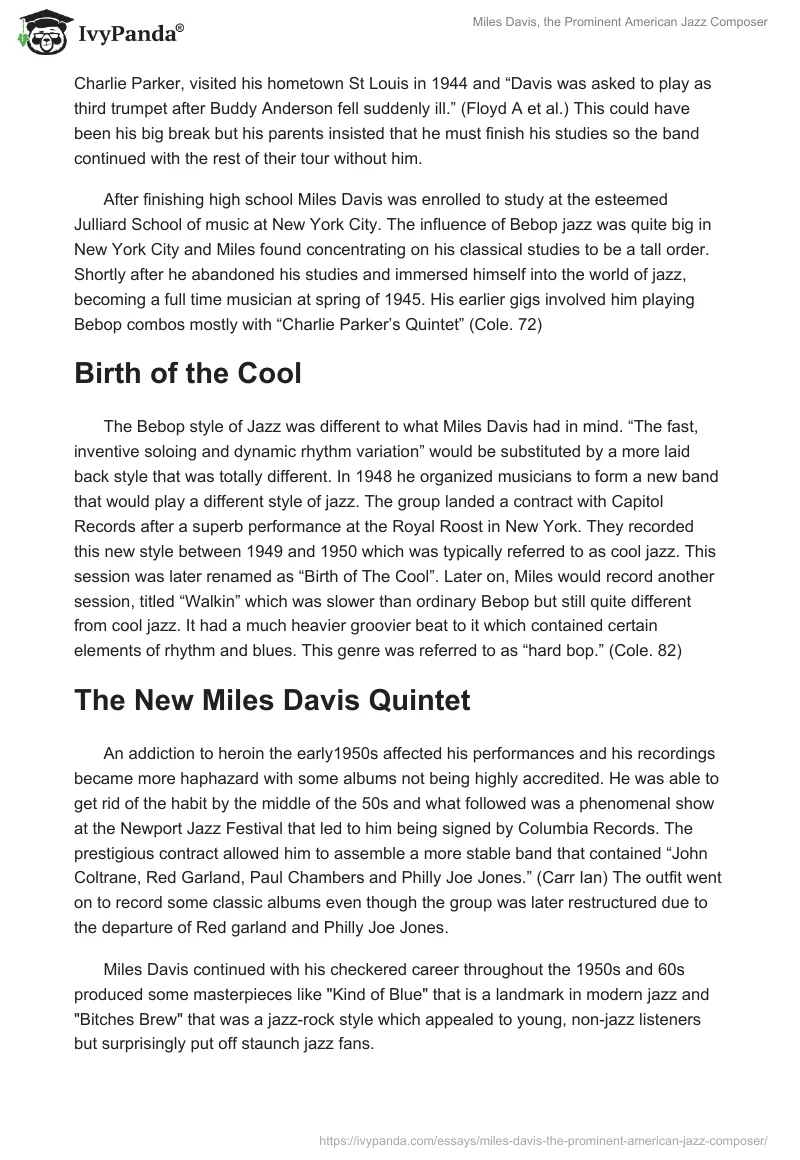 Miles Davis, the Prominent American Jazz Composer. Page 2