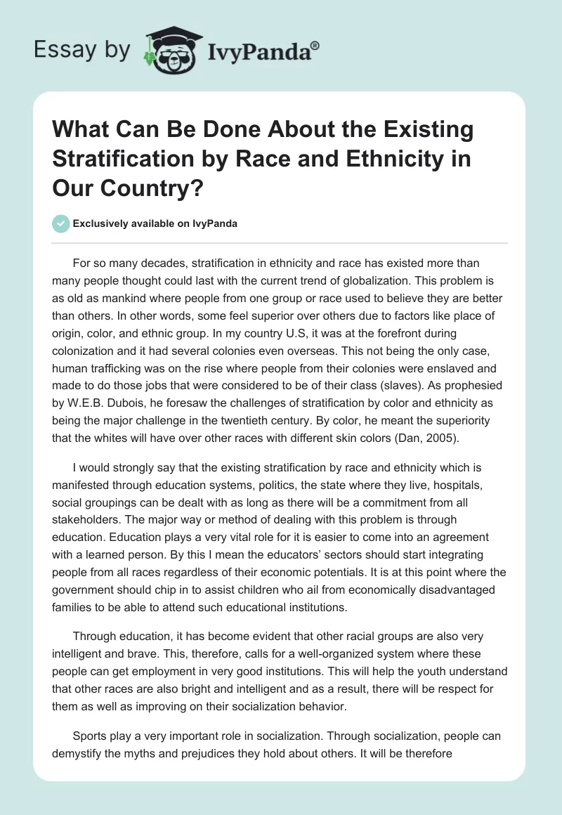 What Can Be Done About the Existing Stratification by Race and Ethnicity in Our Country?. Page 1