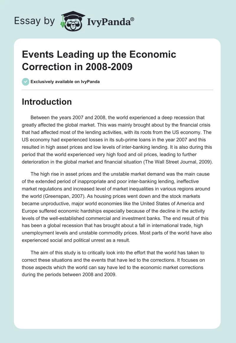 Events Leading up the Economic Correction in 2008-2009. Page 1