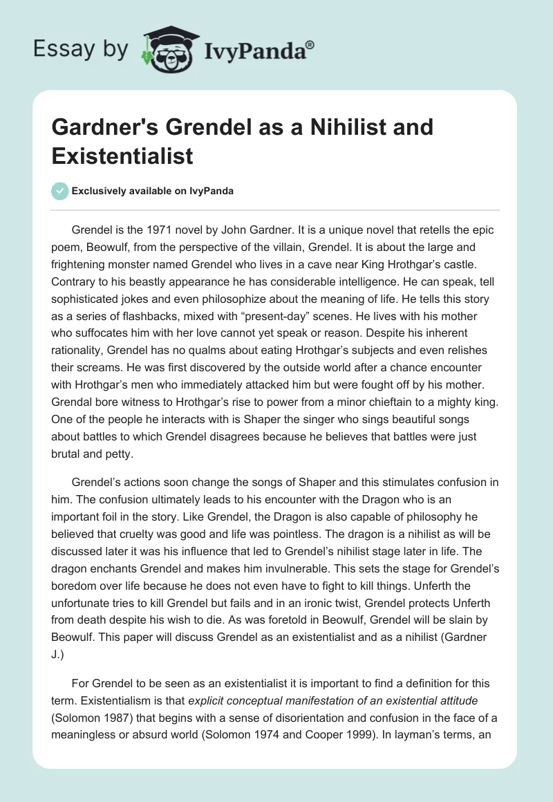 Gardner's "Grendel" as a Nihilist and Existentialist. Page 1