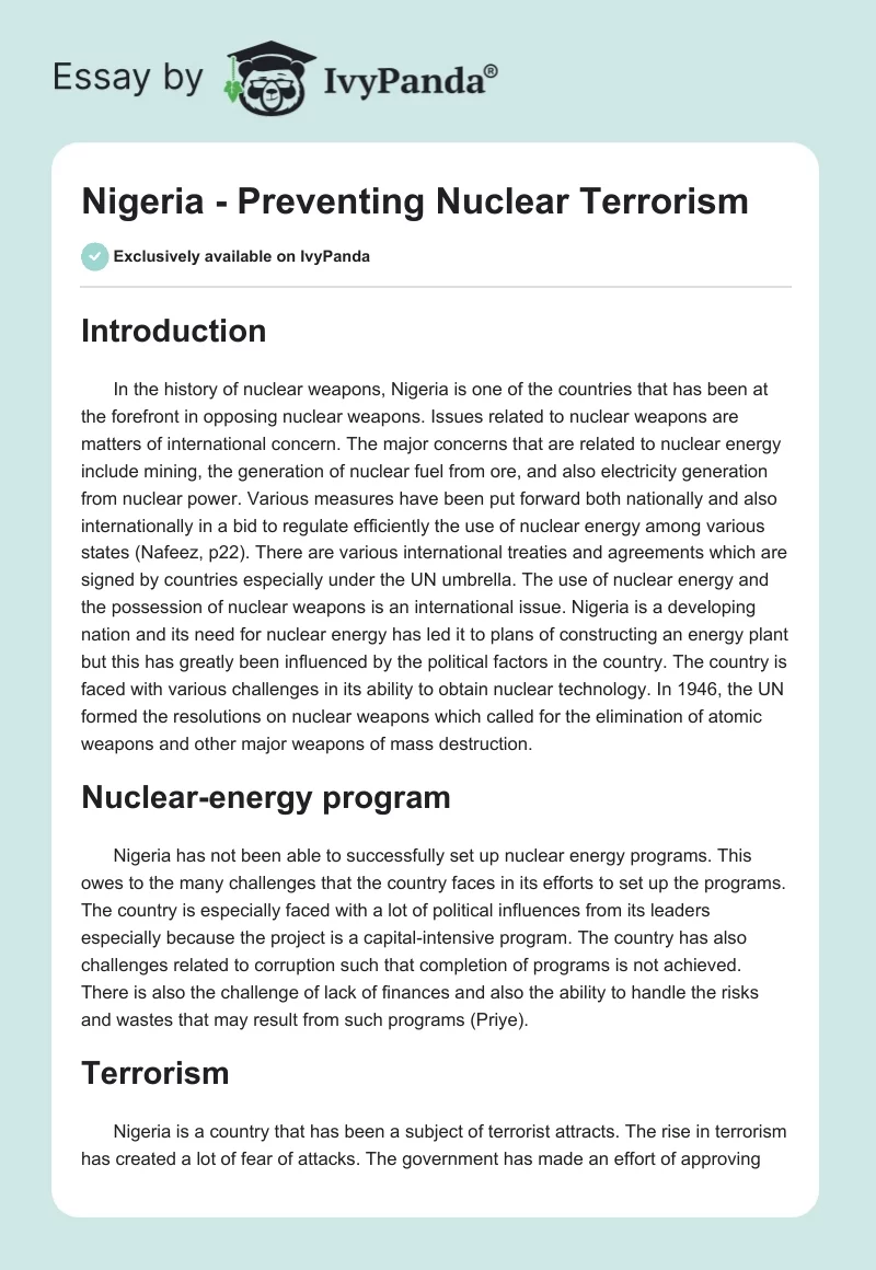 Nigeria - Preventing Nuclear Terrorism. Page 1