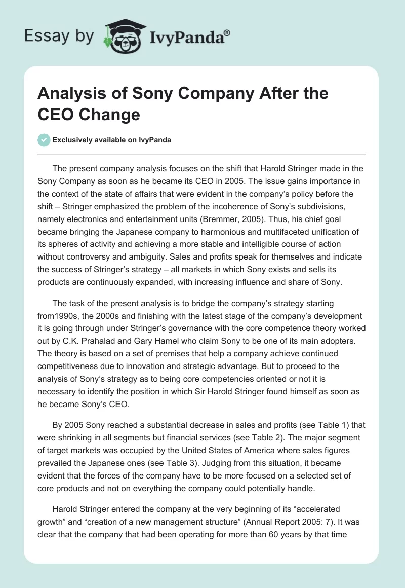 Analysis of Sony Company After the CEO Change. Page 1