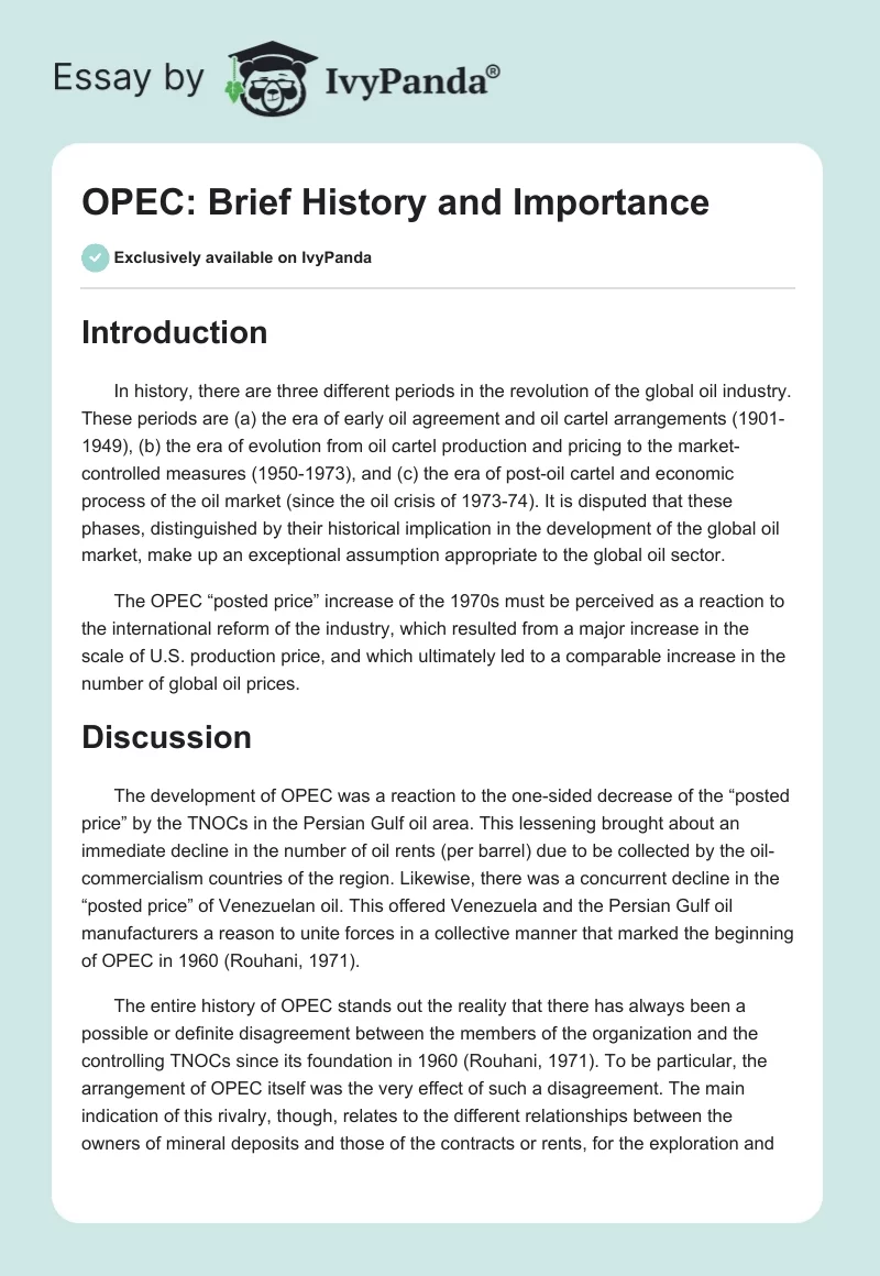 OPEC: Brief History and Importance. Page 1