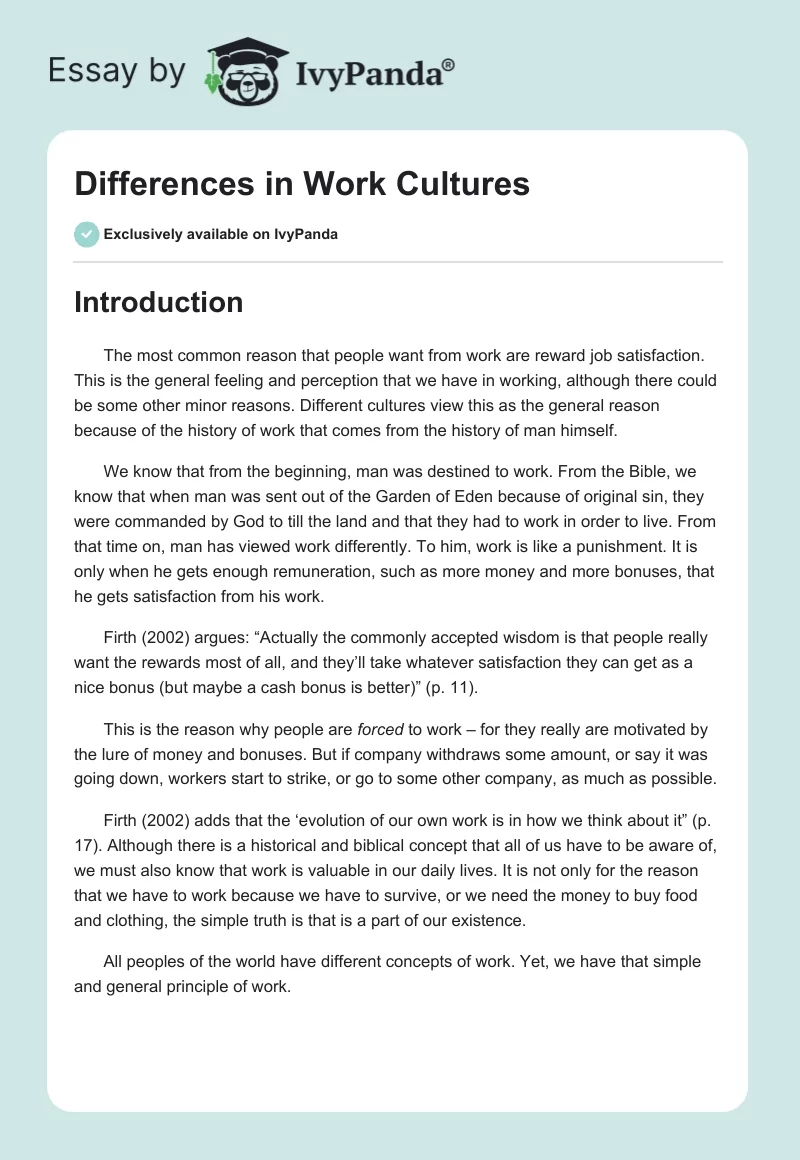 Differences in Work Cultures. Page 1