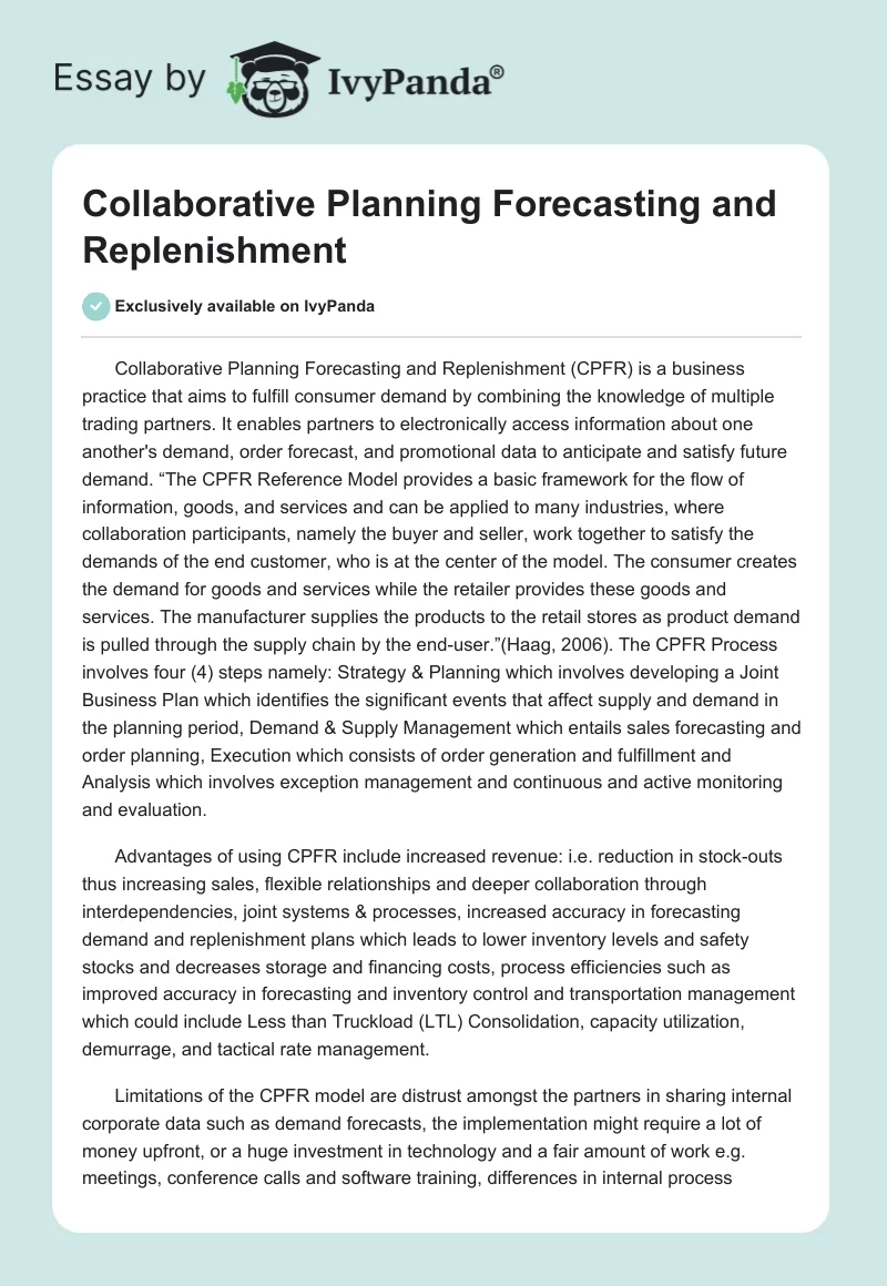 Collaborative Planning Forecasting and Replenishment. Page 1