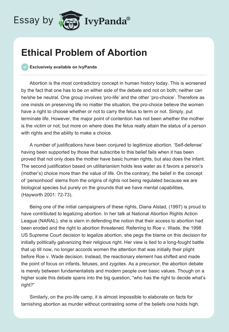 Ethical Problem of Abortion. Page 1