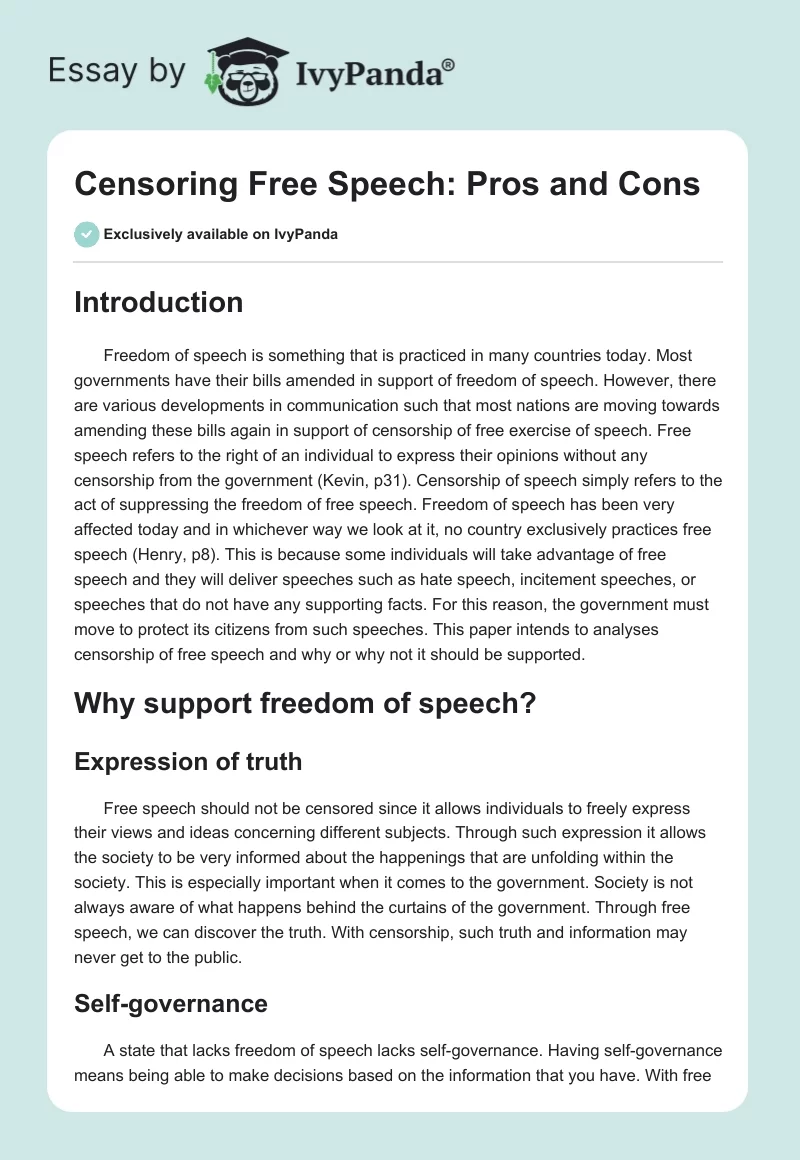 Censoring Free Speech: Pros and Cons. Page 1