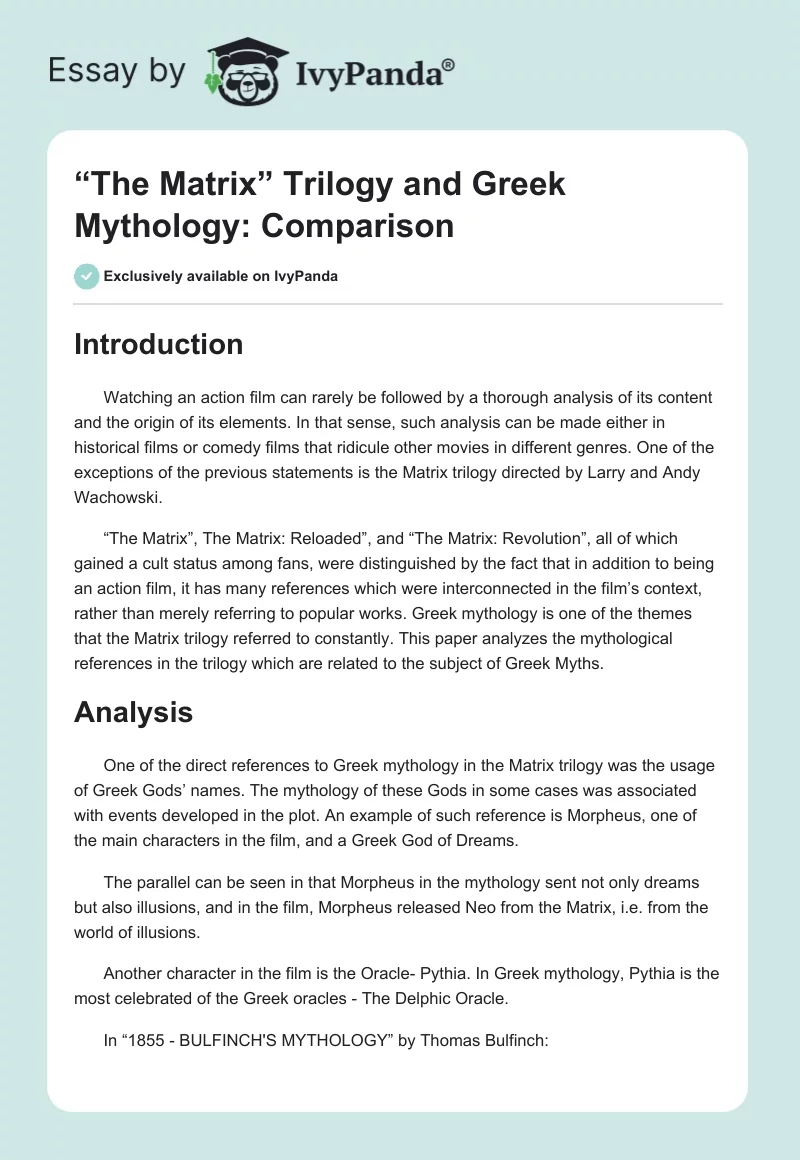 “The Matrix” Trilogy and Greek Mythology: Comparison. Page 1