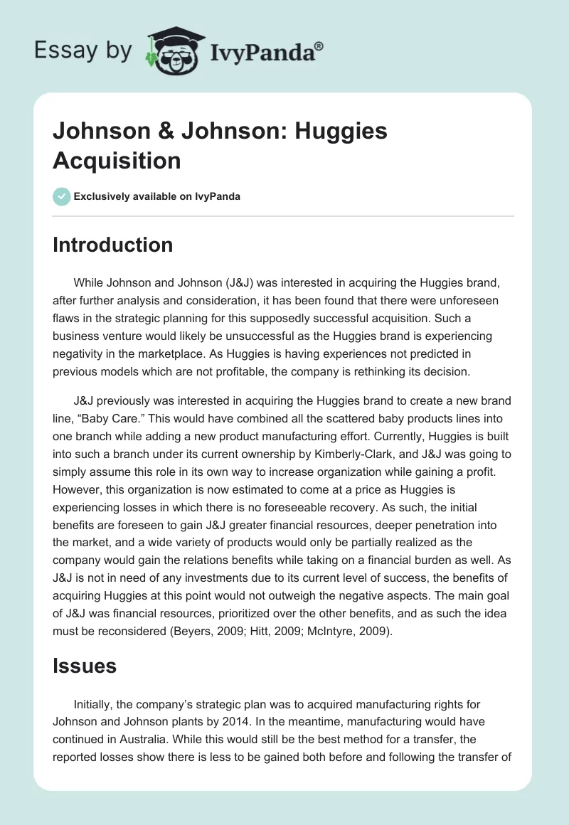 Johnson & Johnson: Huggies Acquisition. Page 1
