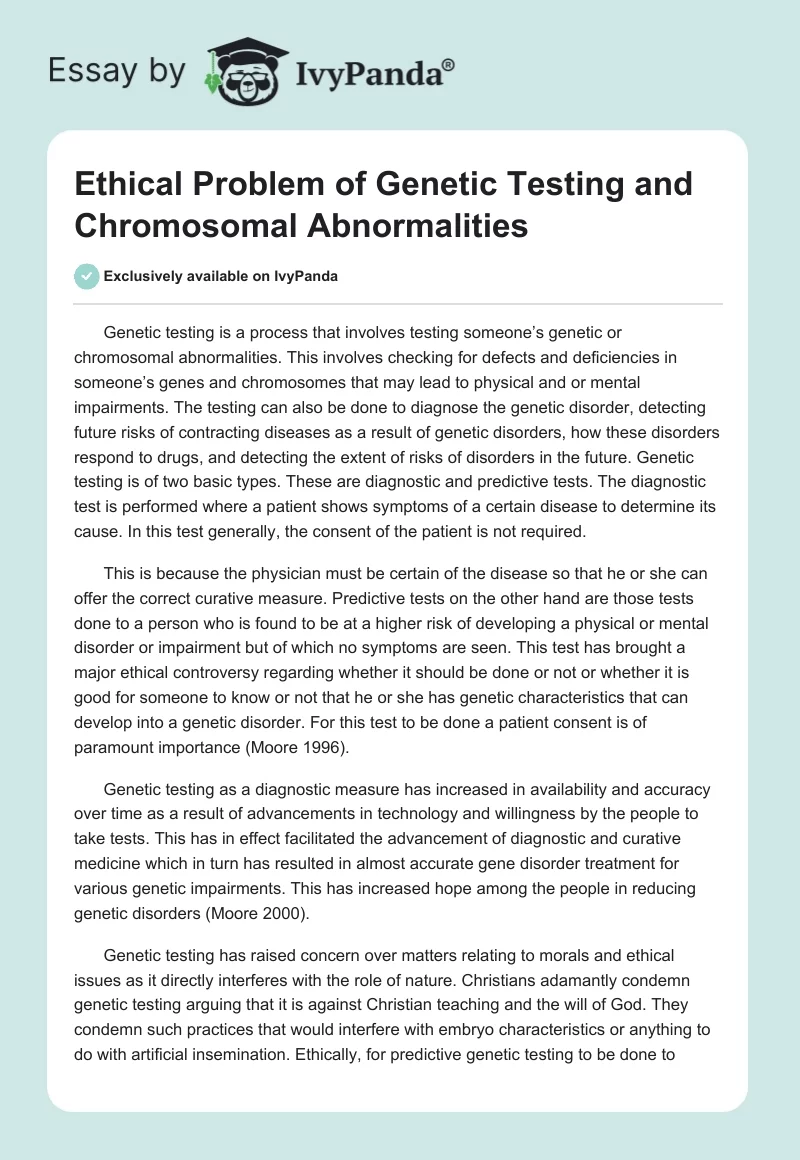 Ethical Problem of Genetic Testing and Chromosomal Abnormalities. Page 1