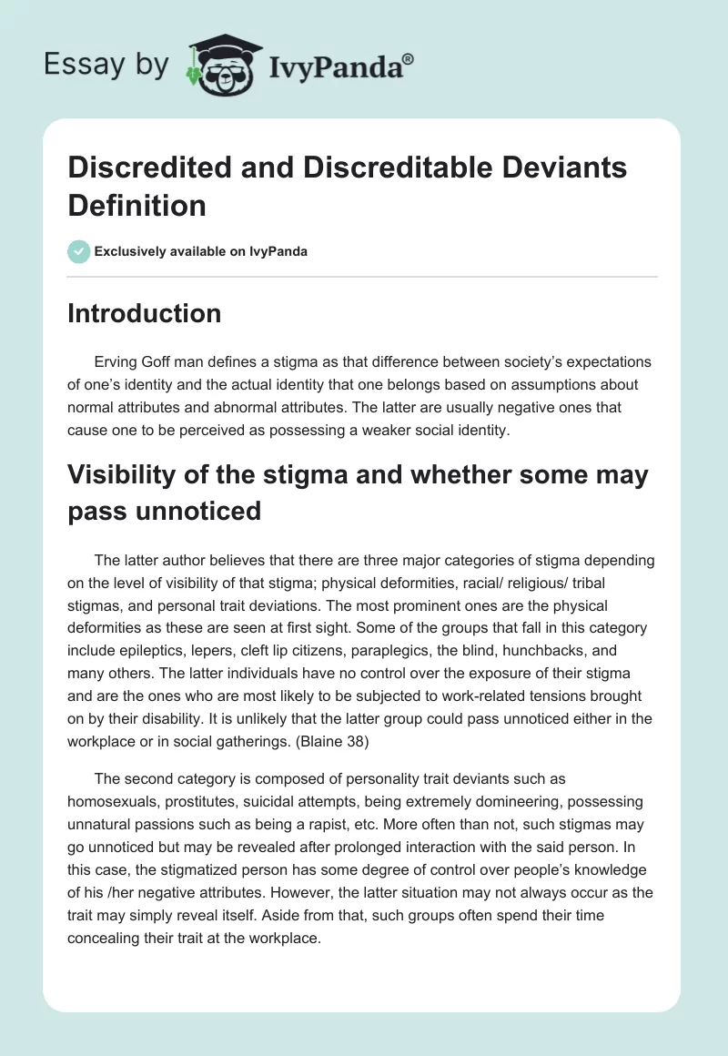 Discredited and Discreditable Deviants Definition. Page 1