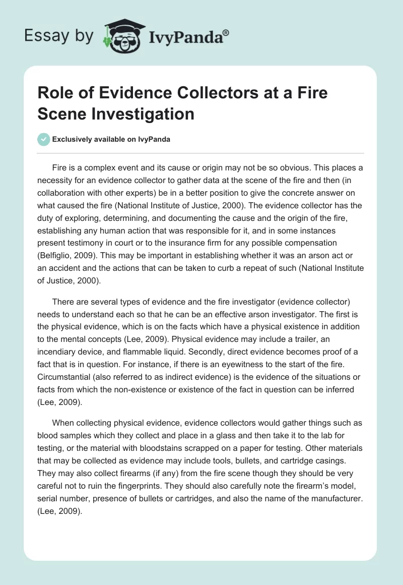 Role of Evidence Collectors at a Fire Scene Investigation. Page 1