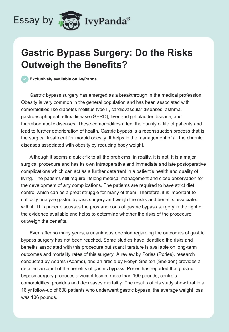 Gastric Bypass Surgery: Do the Risks Outweigh the Benefits?. Page 1