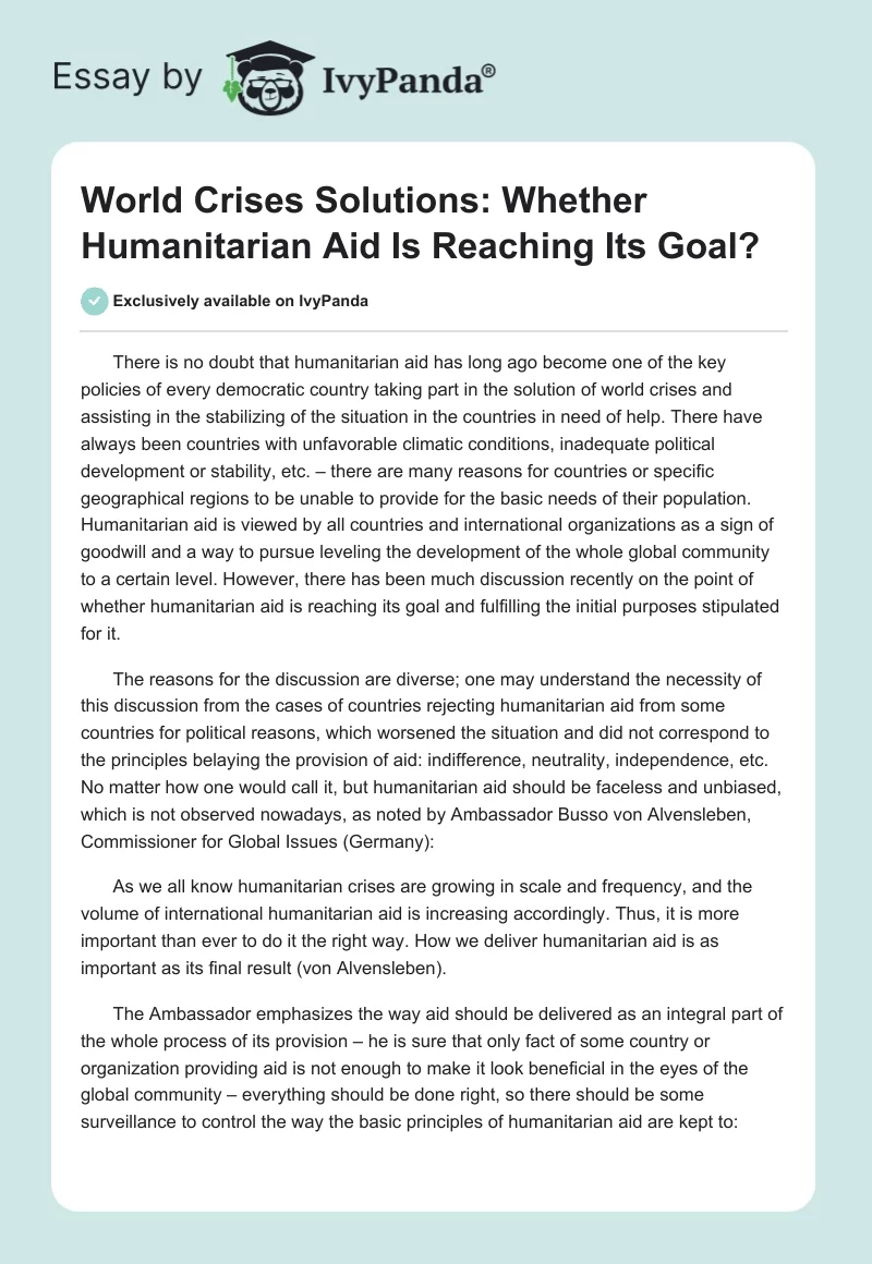 World Crises Solutions: Whether Humanitarian Aid Is Reaching Its Goal?. Page 1