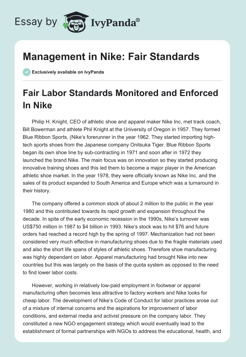 Management in Nike: Fair Standards. Page 1