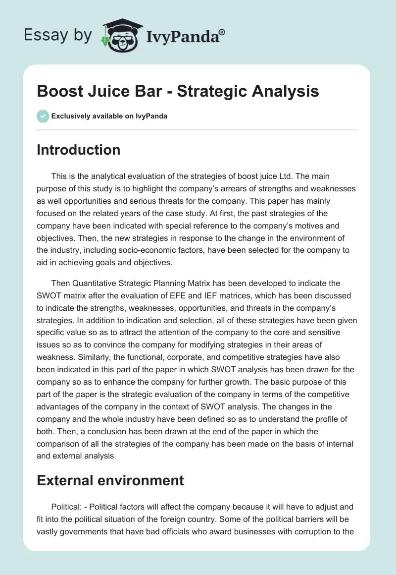 Boost Juice Bar - Strategic Analysis. Page 1