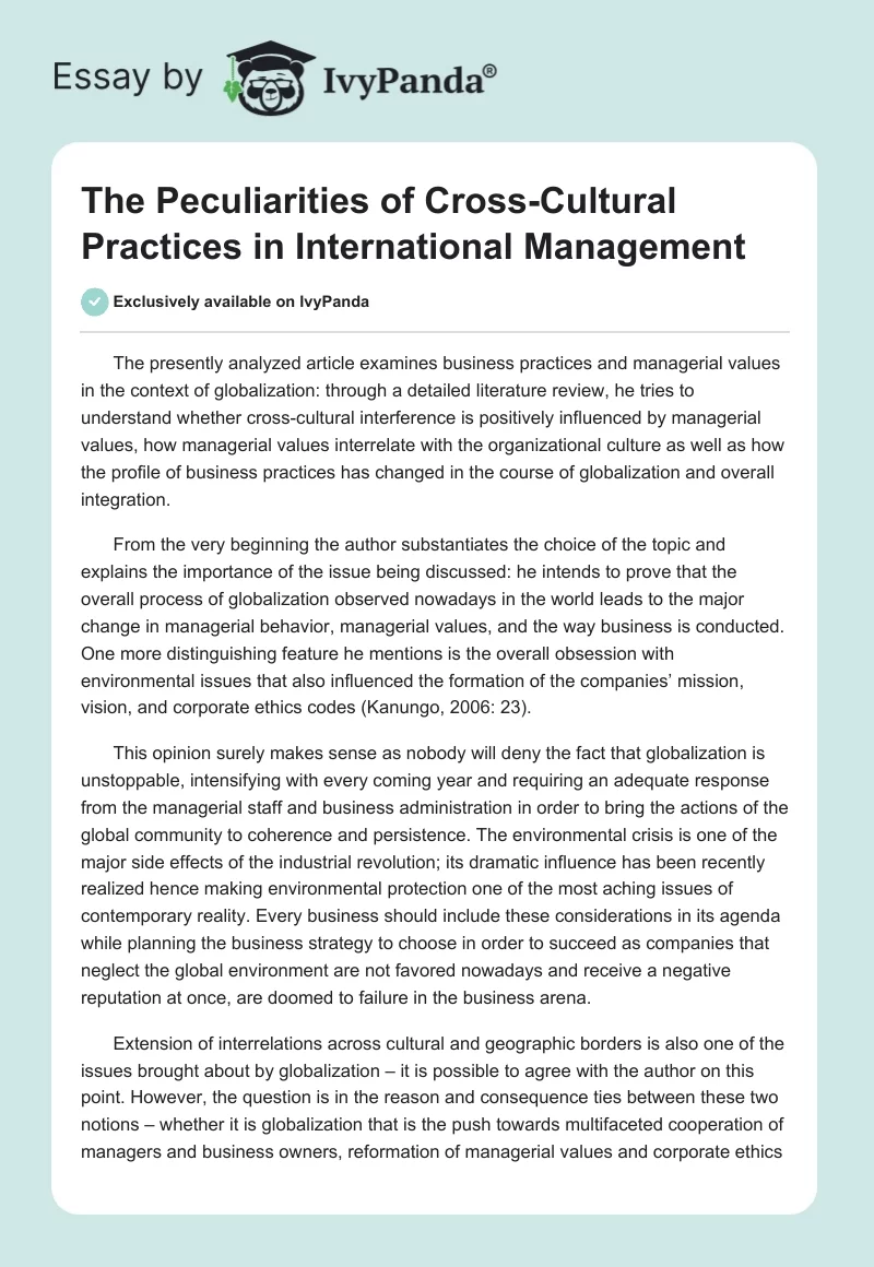 The Peculiarities of Cross-Cultural Practices in International Management. Page 1