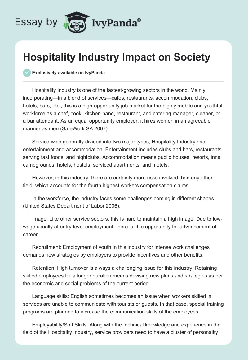 Hospitality Industry Impact on Society. Page 1