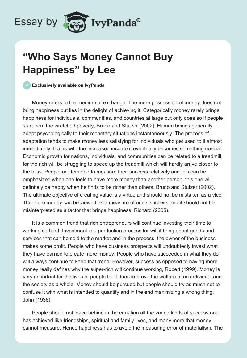“Who Says Money Cannot Buy Happiness” by Lee. Page 1