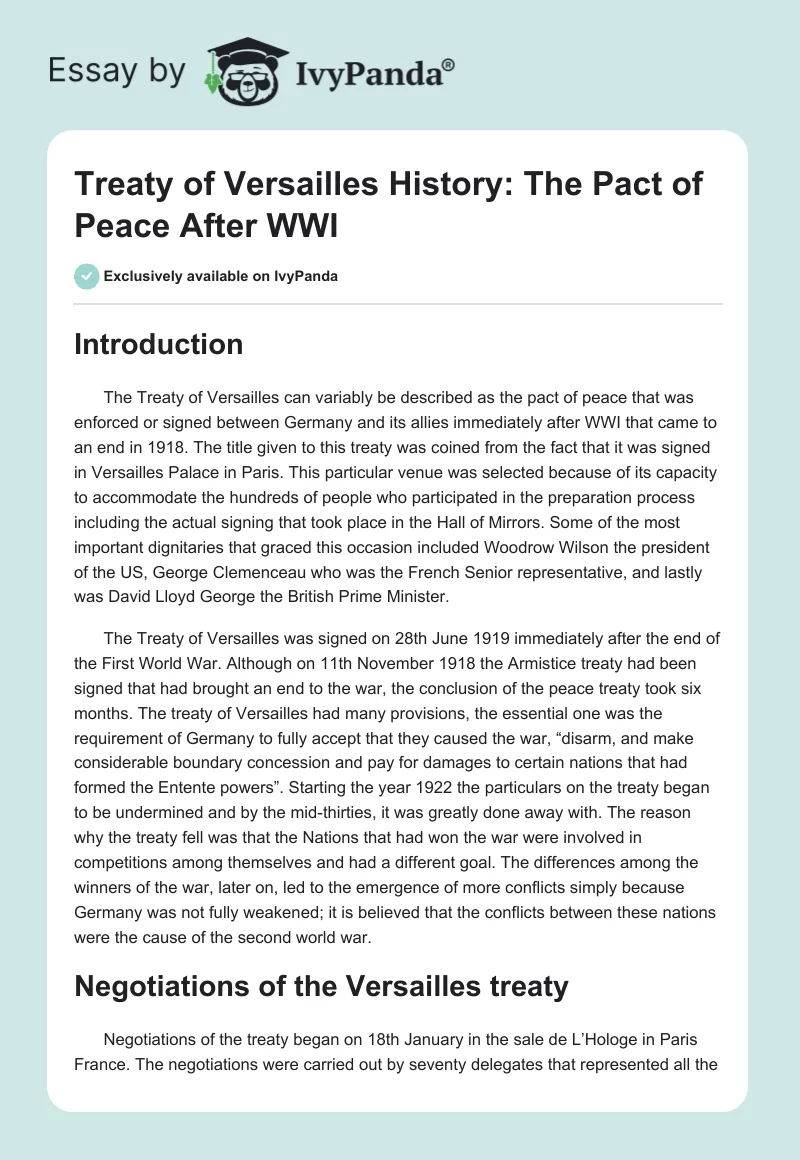 Treaty of Versailles History: The Pact of Peace After WWI. Page 1