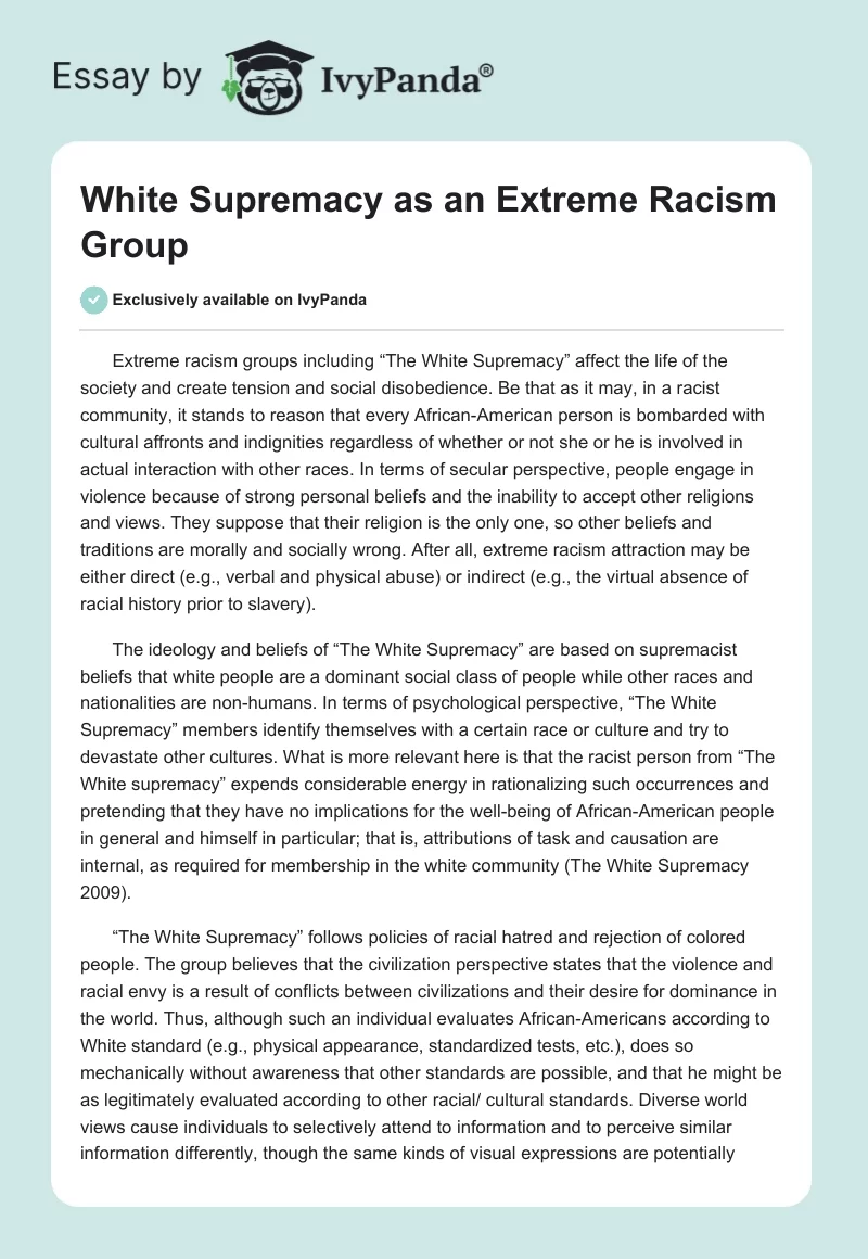 White Supremacy as an Extreme Racism Group. Page 1
