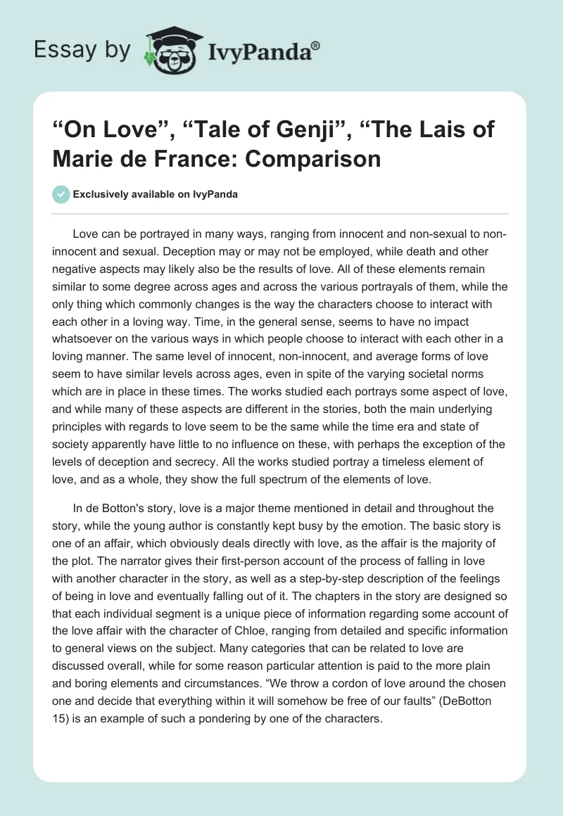 “On Love”, “Tale of Genji”, “The Lais of Marie de France": Comparison. Page 1