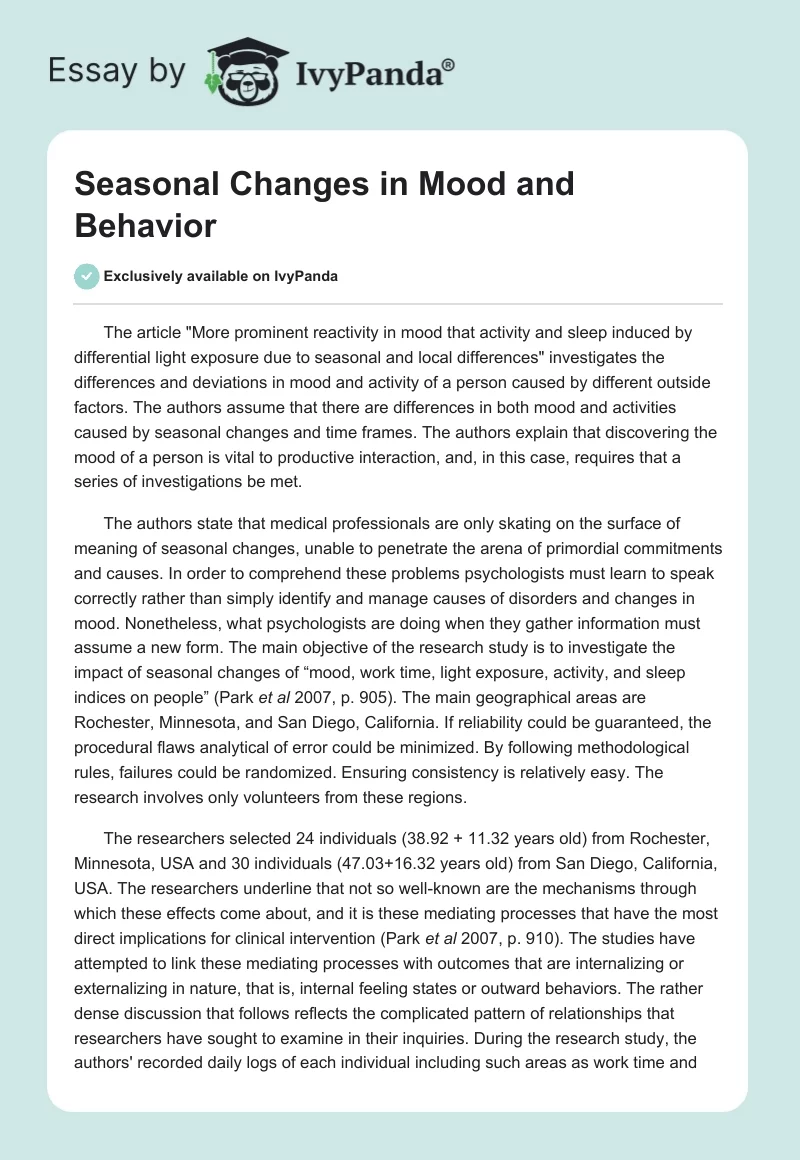 Seasonal Changes in Mood and Behavior. Page 1