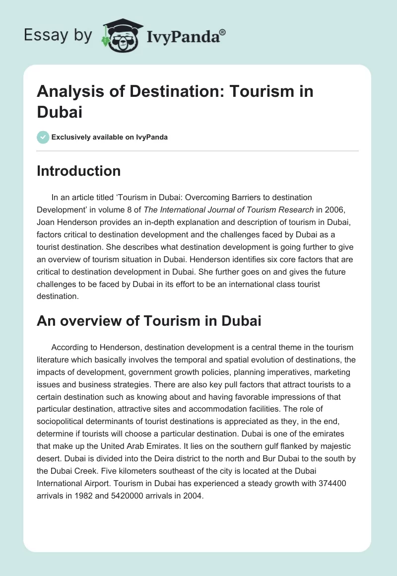 Analysis of Destination: Tourism in Dubai. Page 1
