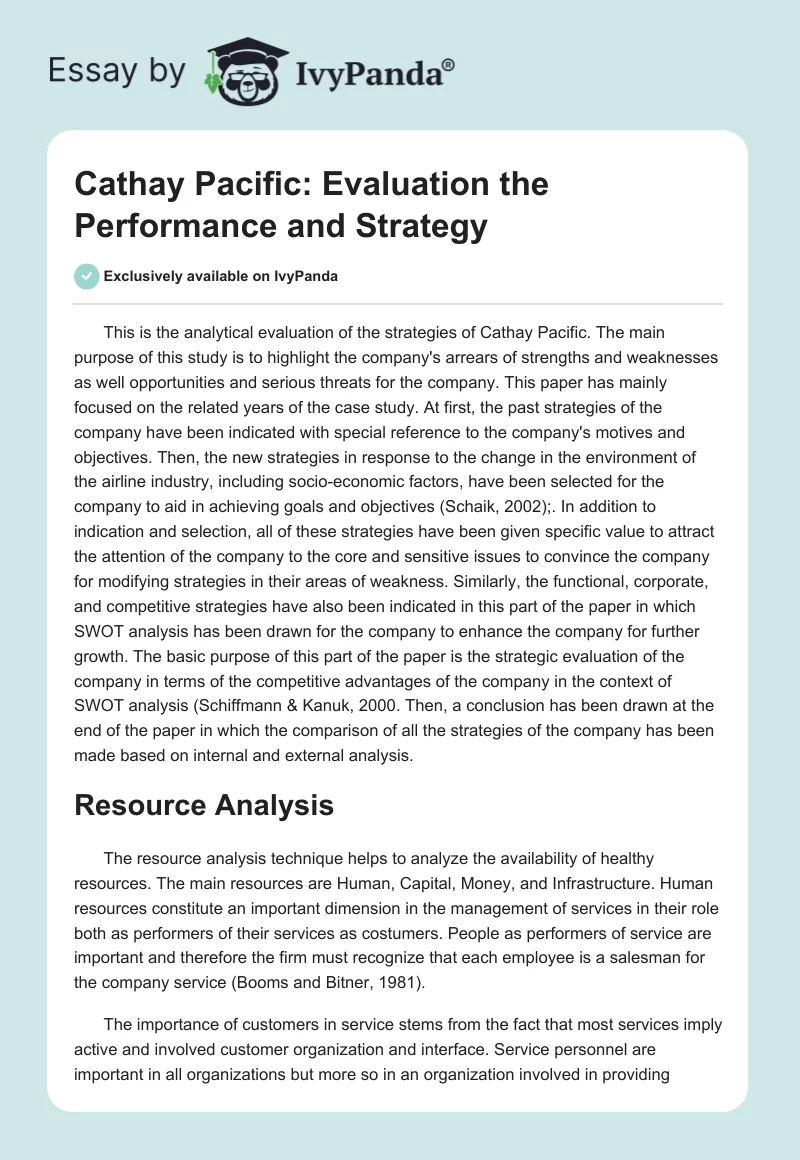 Cathay Pacific: Evaluation the Performance and Strategy. Page 1