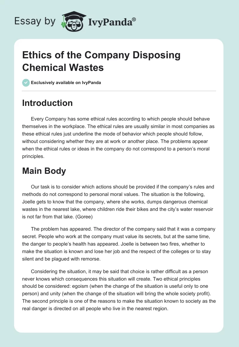 Ethics of the Company Disposing Chemical Wastes. Page 1