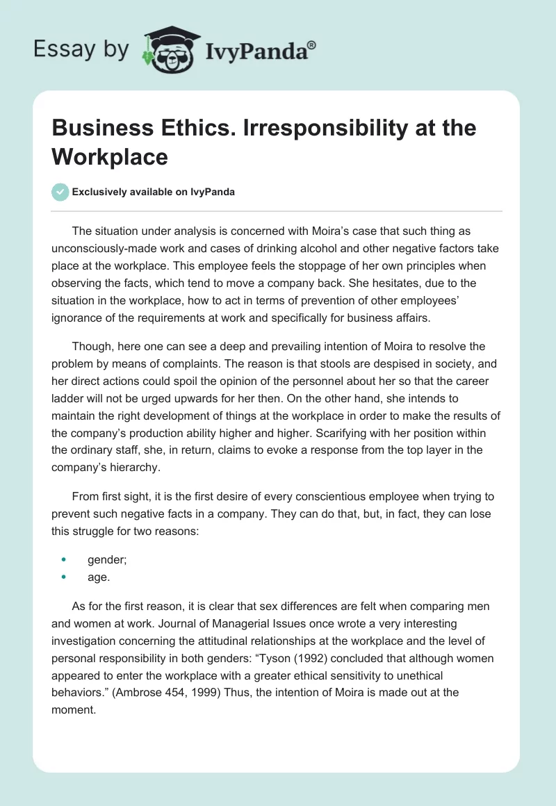 Business Ethics. Irresponsibility at the Workplace. Page 1