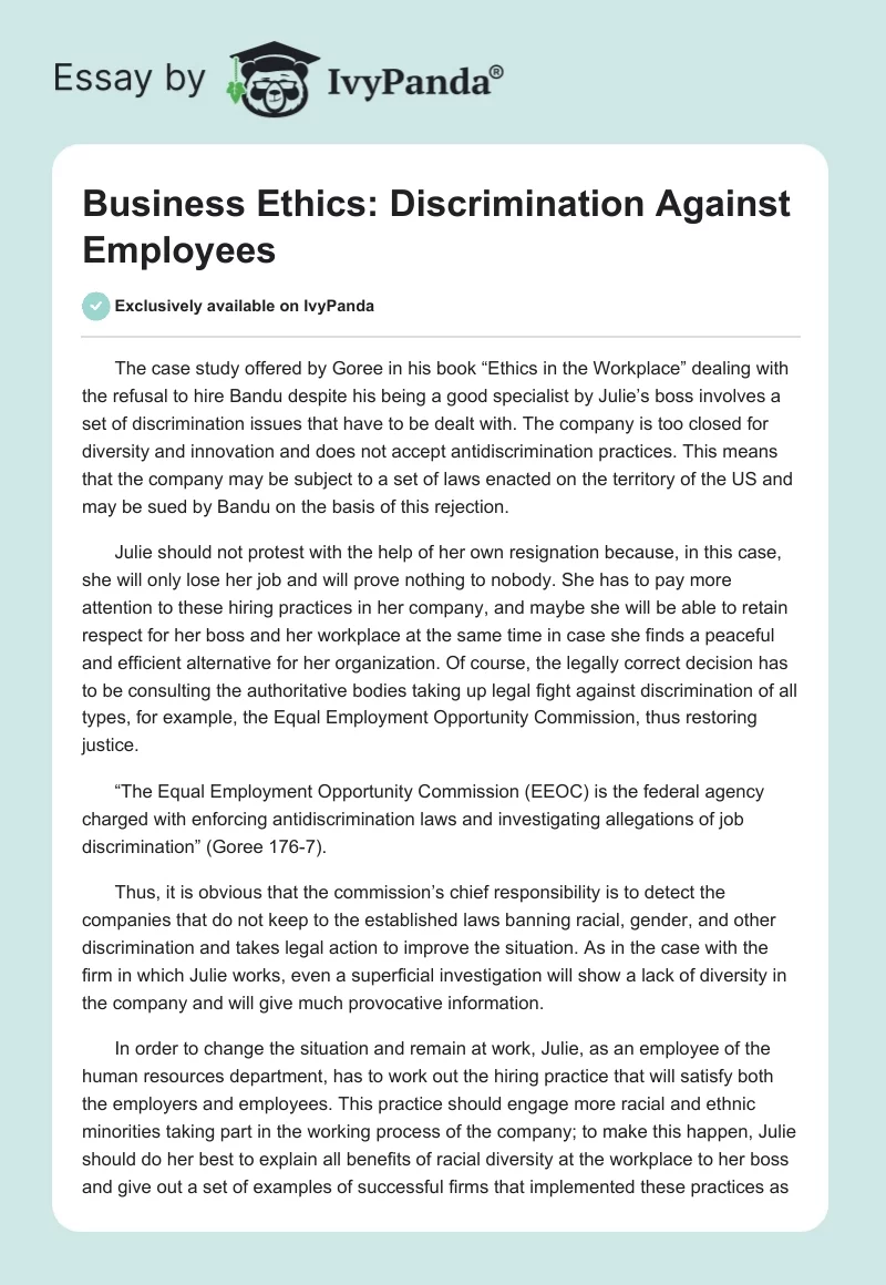 Business Ethics: Discrimination Against Employees. Page 1