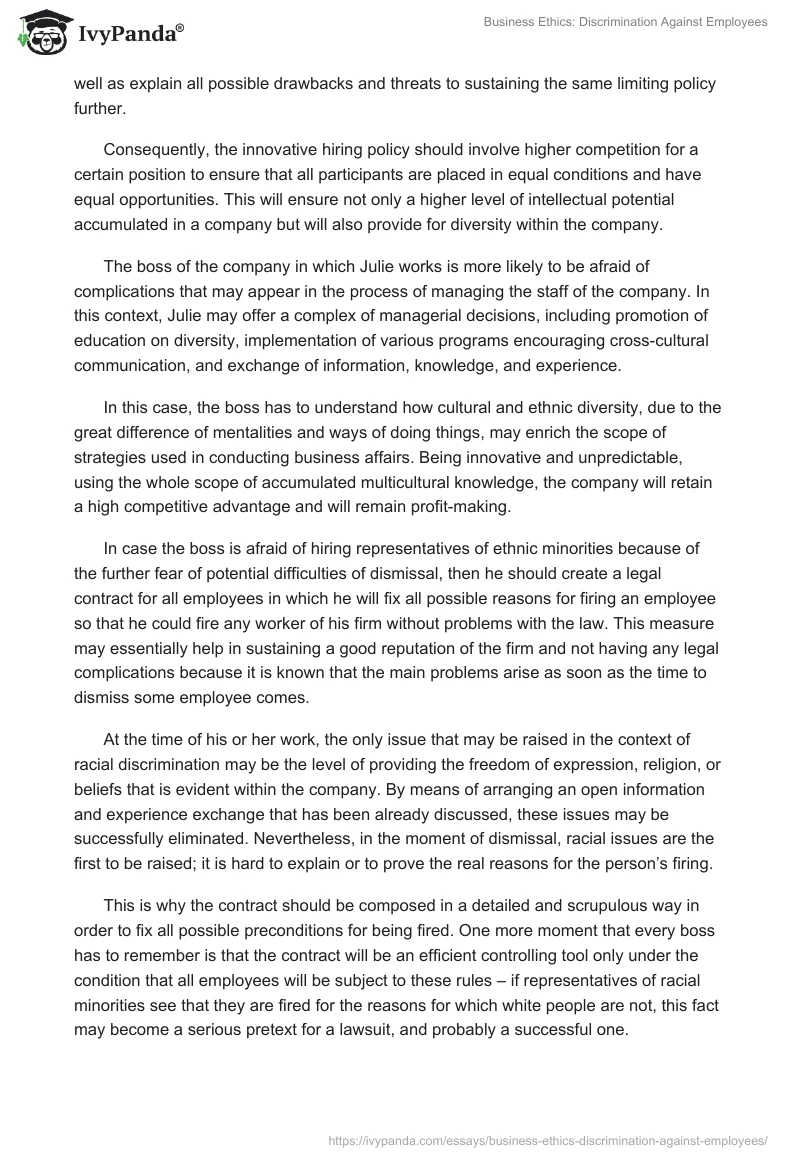 Business Ethics: Discrimination Against Employees. Page 2