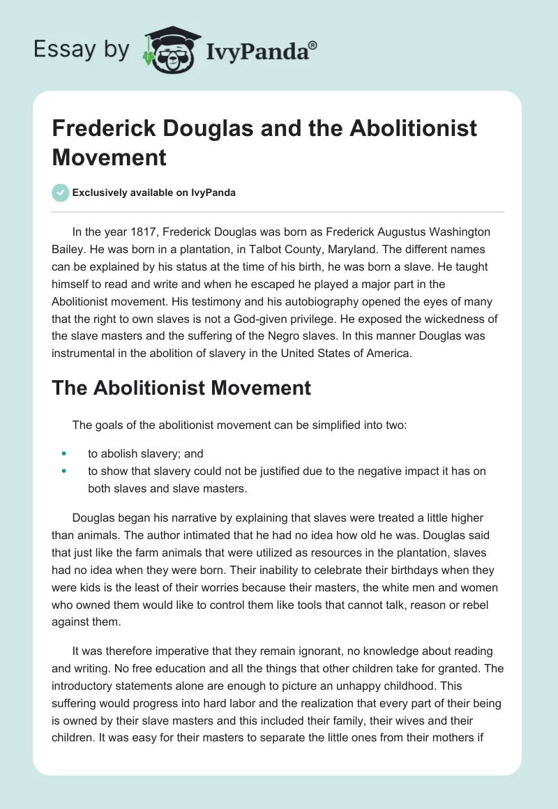 Frederick Douglas and the Abolitionist Movement. Page 1
