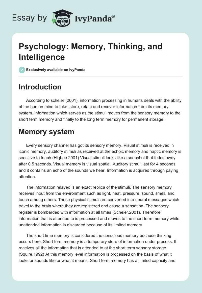 Psychology: Memory, Thinking, and Intelligence. Page 1